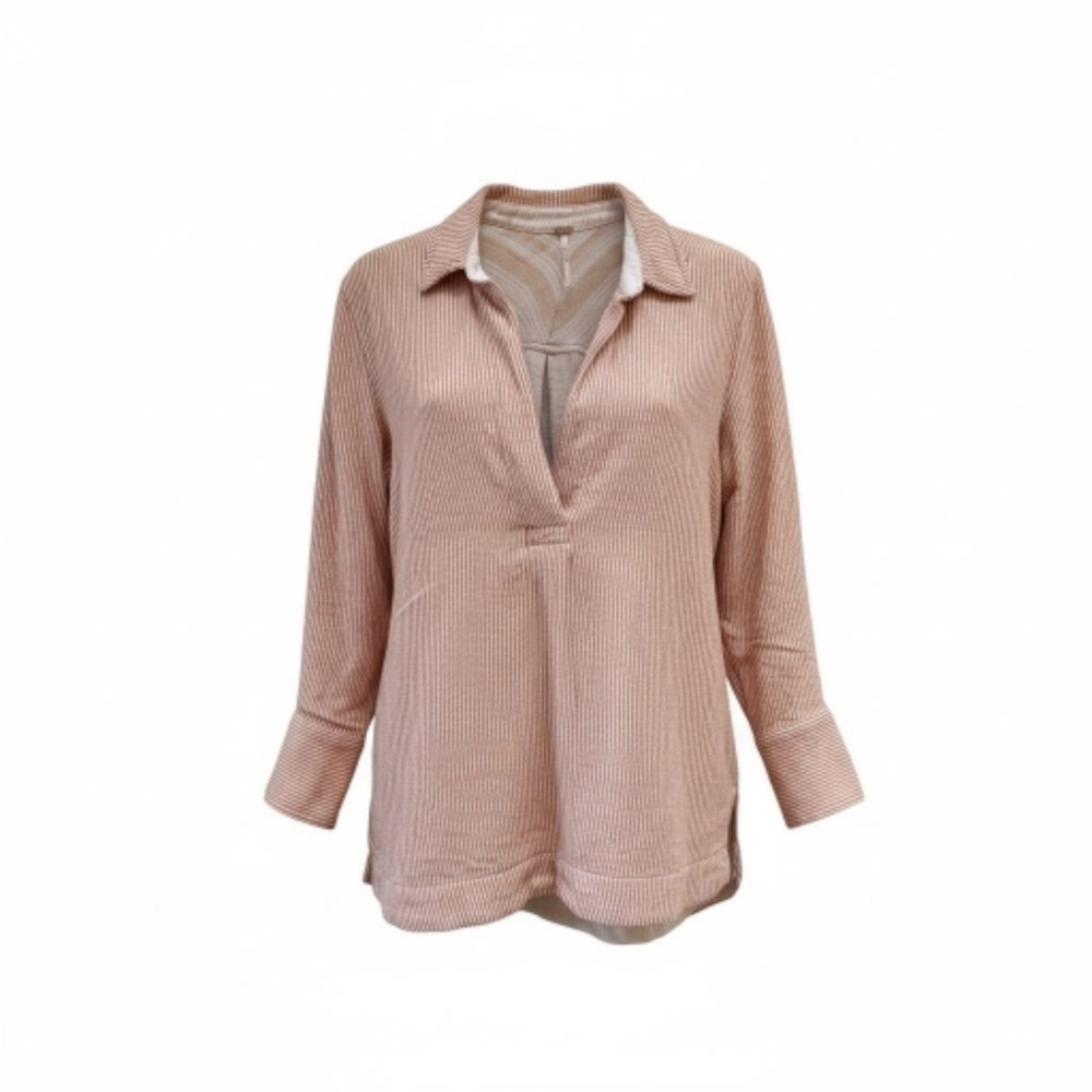 Ribbed Split-Neck Blouse in Dusty Rose